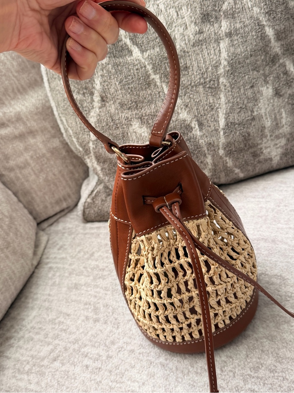 J. Crew Drawstring Brown English Saddle Leather & Straw Mini Bucket Bag #OA3 - Picture 7 of 16